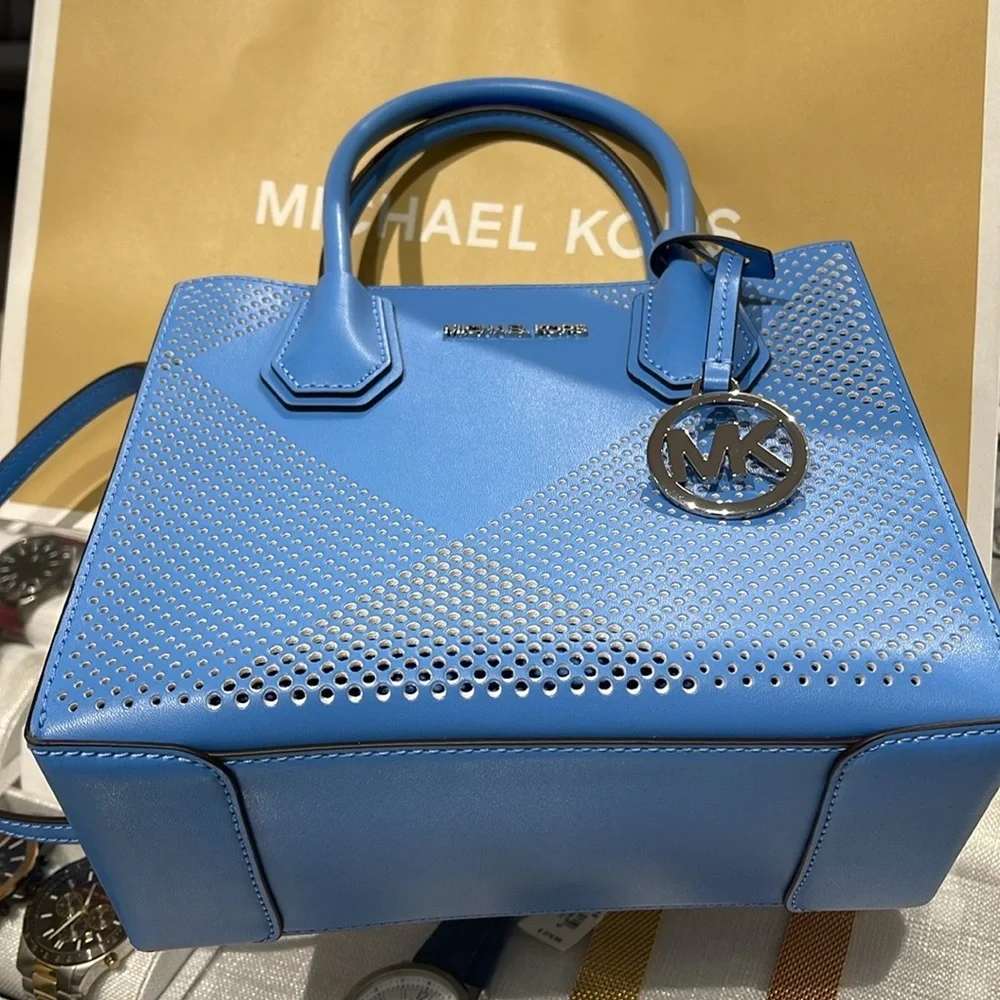 Michael Kors Mercer Medium Perforated Crossbody Satchel Bag South Pacific  NWT